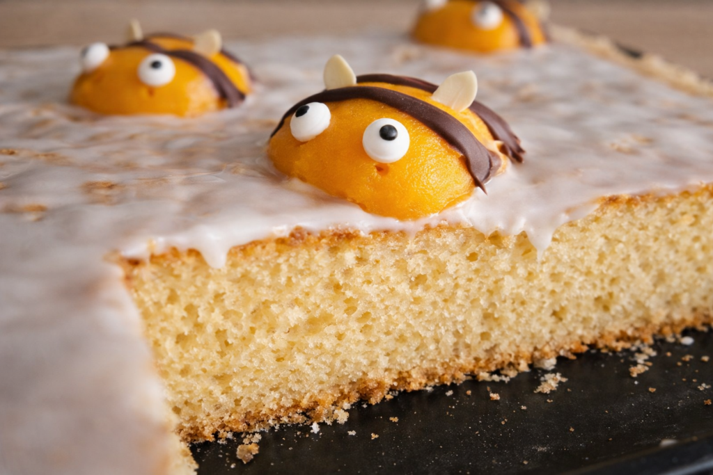 Saftiger Selterkuchen vom Blech mit Zitronenglasur und Hummel-Deko aus Pfirsichen und Schokolade