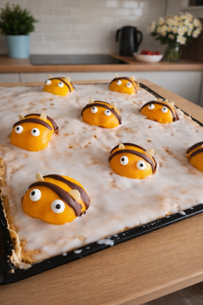 Saftiger Selterkuchen vom Blech mit Zitronenglasur und Hummel-Deko aus Pfirsichen und Schokolade