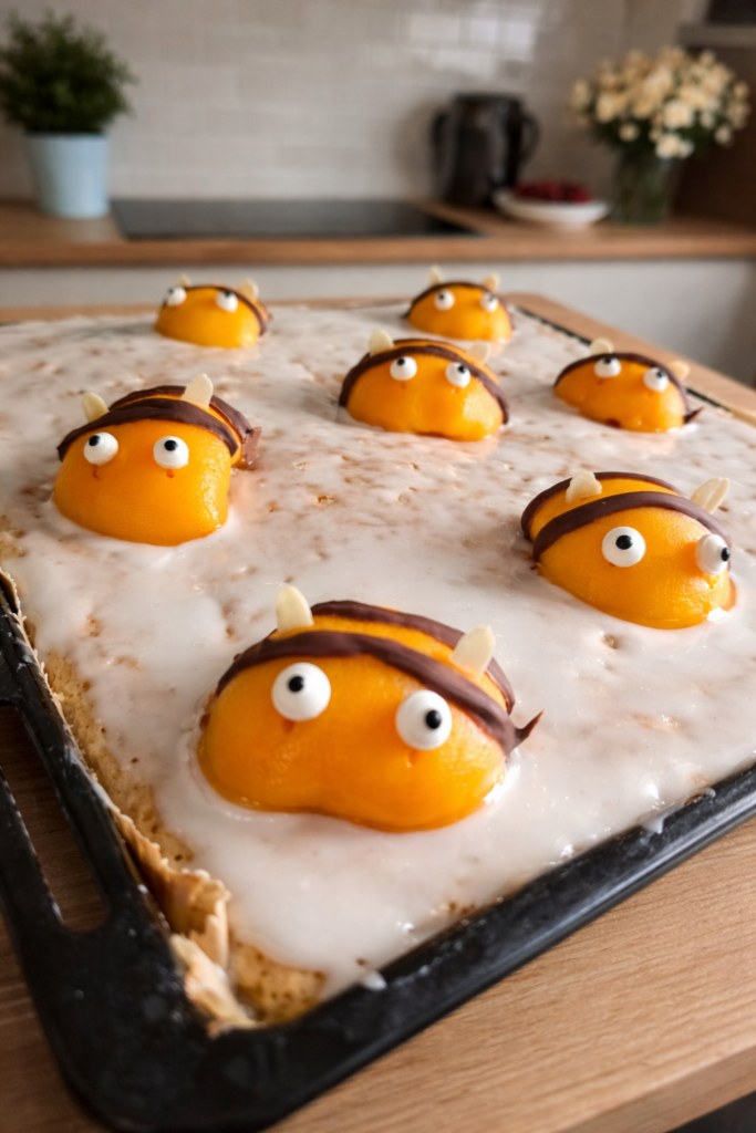 Saftiger Selterkuchen vom Blech mit Zitronenglasur und Hummel-Deko aus Pfirsichen und Schokolade