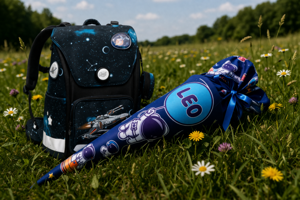 Schultüte und Schulranzen für Jungen im Weltall-Design auf einer Wiese – Idee zur Einschulung