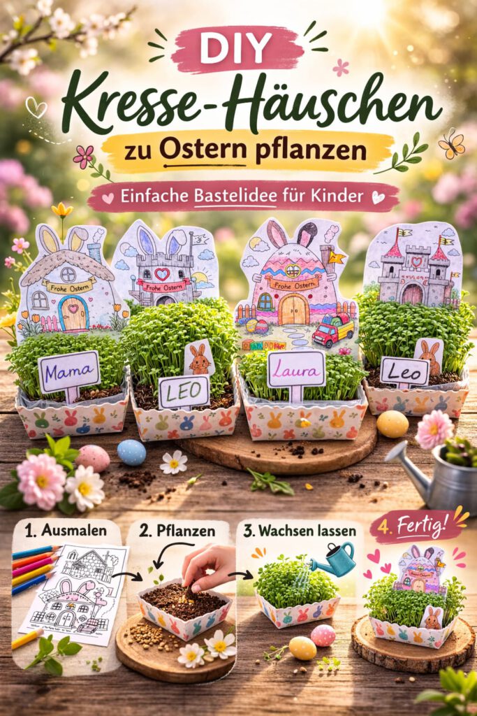 DIY Kresse-Garten zu Ostern mit Kindern: bemaltes Papierhäuschen als Hintergrund, eine Schale mit Erde und Kressesamen sowie kleine selbstgemachte Schilder – kreative Osterbastelei und Pflanzprojekt für Kinder.