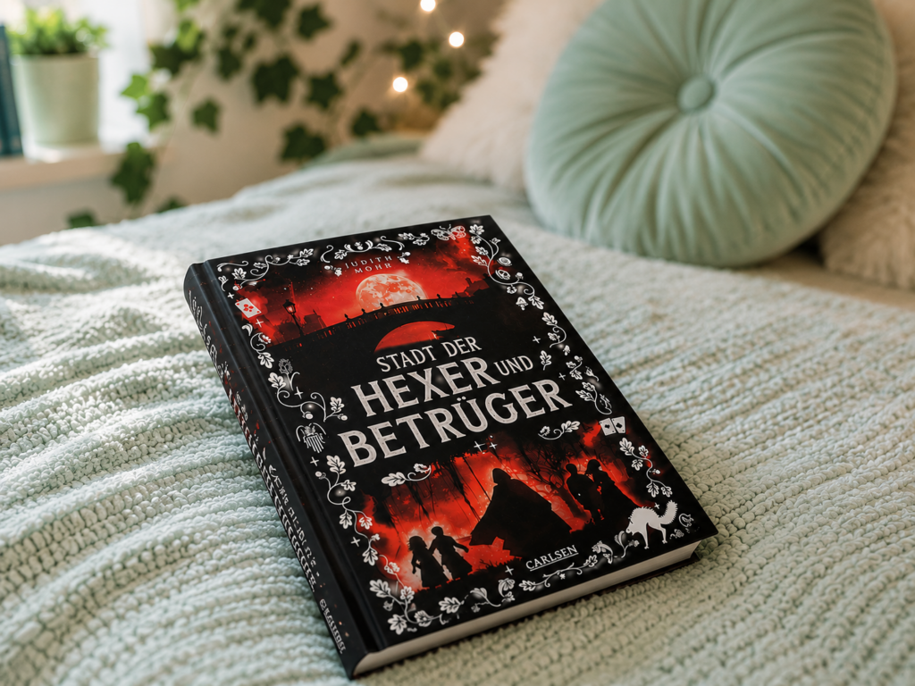 Fantasy-Jugendbuch „Stadt der Hexer und Betrüger“ von Judith Mohr aus dem Carlsen Verlag auf einer mintgrünen Decke in einem gemütlichen Teenagerzimmer als perfekte Urlaubslektüre.